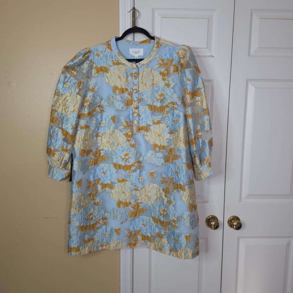 Tuckernuck Pale Blue and Gold Floral Jacquard Samantha Mini Dress Pomander Place